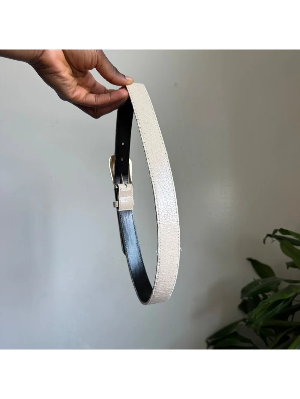 90s Cream Crackle Leather Belt Brass Buckle Size 10 Off White